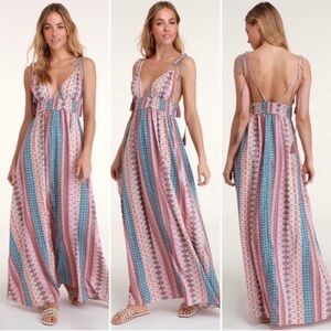 Lulu's Maxin' Relaxin' Multi Print Tie-Strap Flowy Maxi Dress Sz S